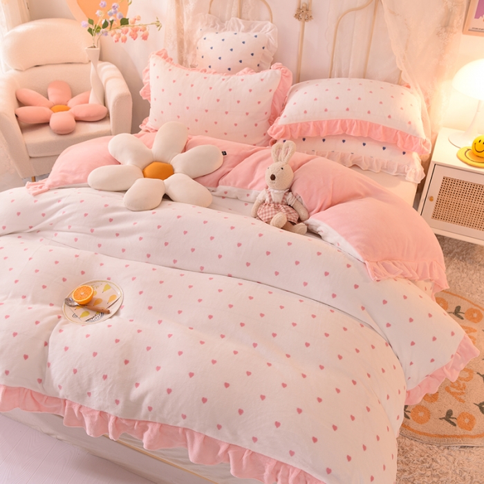 91家纺网 家纺一手货源 找家纺 欧冠家纺 2021新款保暖牛奶绒单被套 粉-爱心