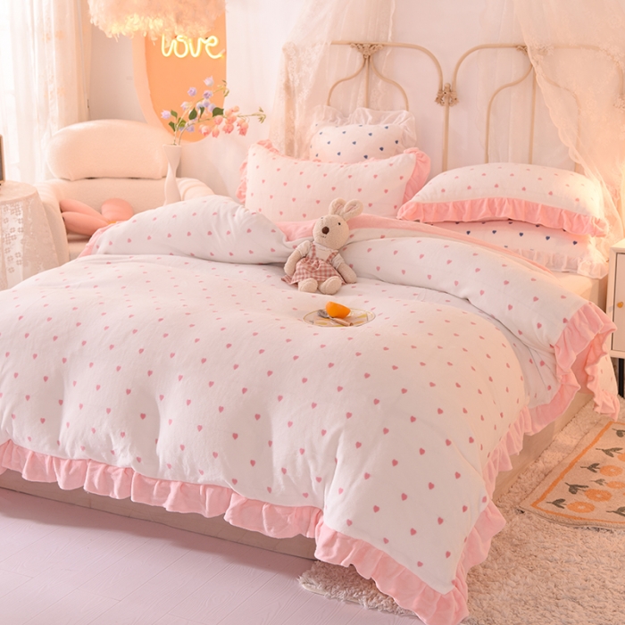 91家纺网 家纺一手货源 找家纺 欧冠家纺 2021新款保暖牛奶绒单被套 粉-爱心