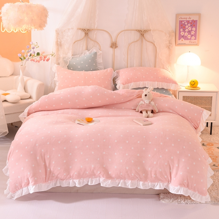 91家纺网 家纺一手货源 找家纺 欧冠家纺 2021新款保暖牛奶绒单被套 粉-波点