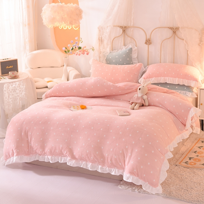 91家纺网 家纺一手货源 找家纺 欧冠家纺 2021新款保暖牛奶绒单被套 粉-波点