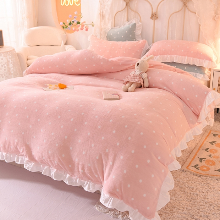 91家纺网 家纺一手货源 找家纺 欧冠家纺 2021新款保暖牛奶绒单被套 粉-波点