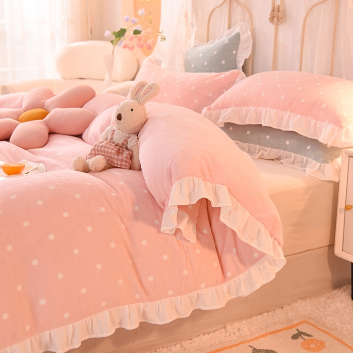 91家纺网 家纺一手货源 找家纺 欧冠家纺 2021新款保暖牛奶绒单被套 粉-波点