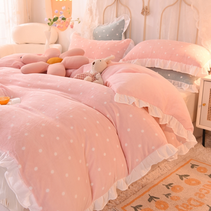 91家纺网 家纺一手货源 找家纺 欧冠家纺 2021新款保暖牛奶绒单被套 粉-波点