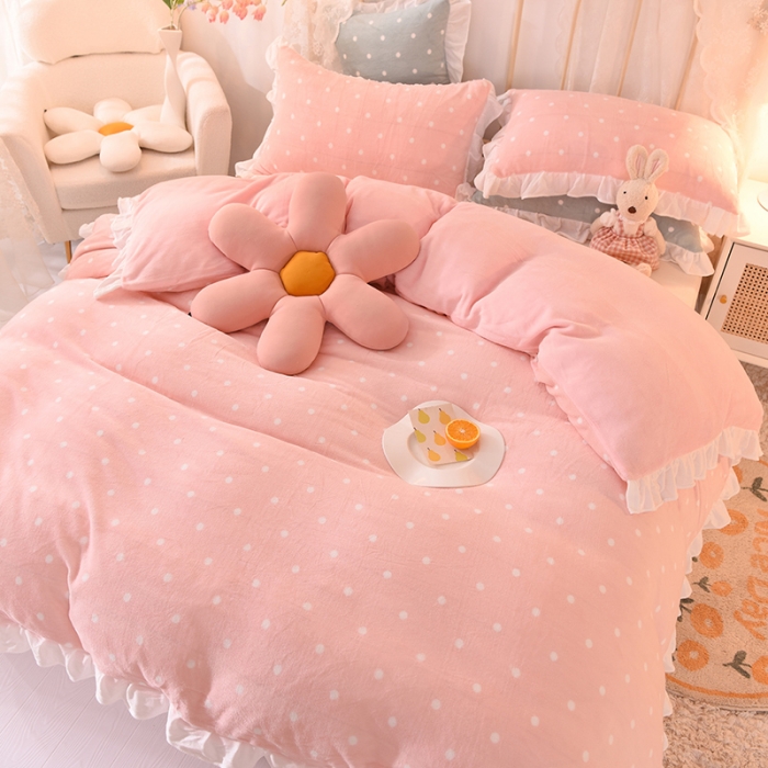 91家纺网 家纺一手货源 找家纺 欧冠家纺 2021新款保暖牛奶绒单被套 粉-波点