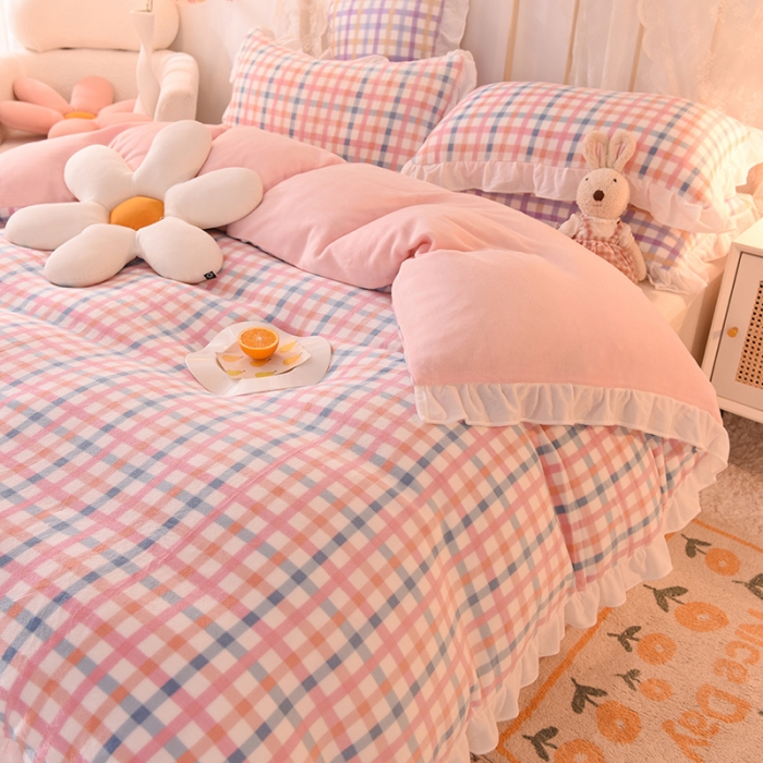 91家纺网 家纺一手货源 找家纺 欧冠家纺 2021新款保暖牛奶绒单被套 粉-格子