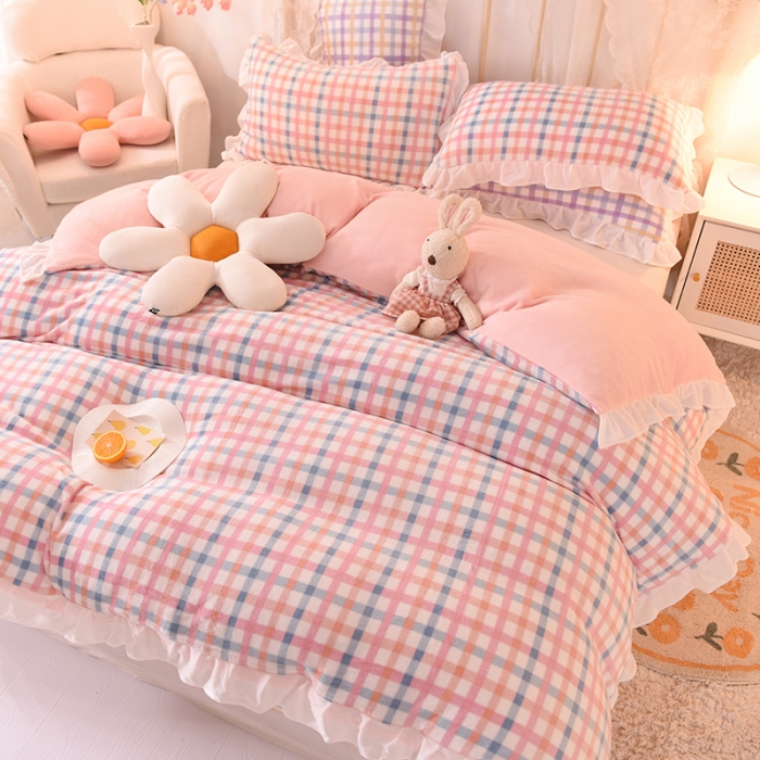 91家纺网 家纺一手货源 找家纺 欧冠家纺 2021新款保暖牛奶绒单被套 粉-格子