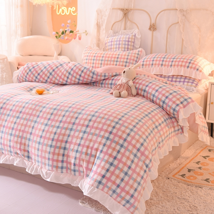 91家纺网 家纺一手货源 找家纺 欧冠家纺 2021新款保暖牛奶绒单被套 粉-格子