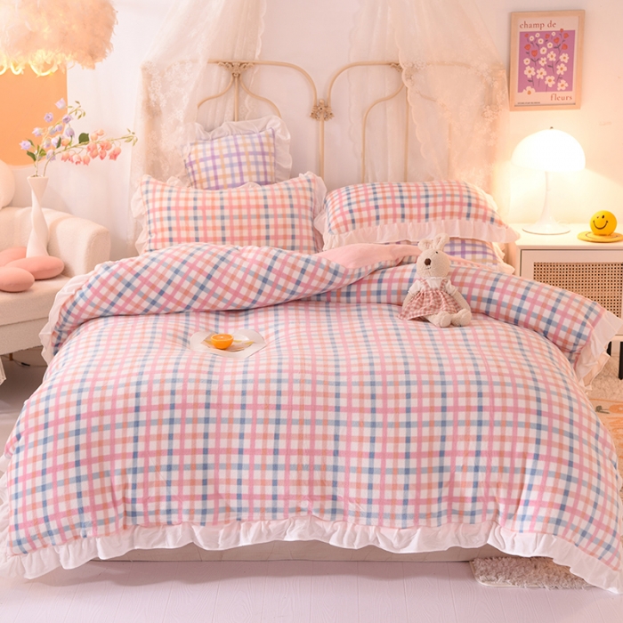 91家纺网 家纺一手货源 找家纺 欧冠家纺 2021新款保暖牛奶绒单被套 粉-格子