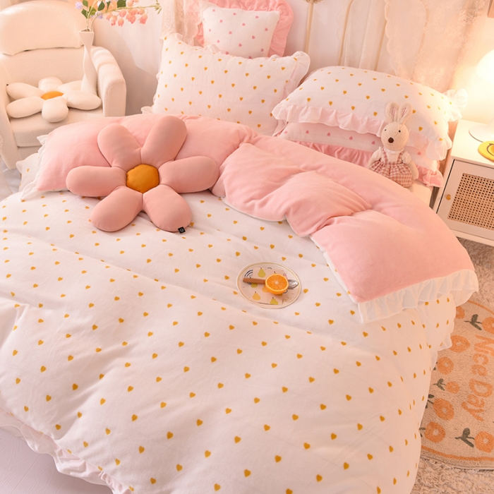 91家纺网 家纺一手货源 找家纺 欧冠家纺 2021新款保暖牛奶绒单被套 黄-爱心