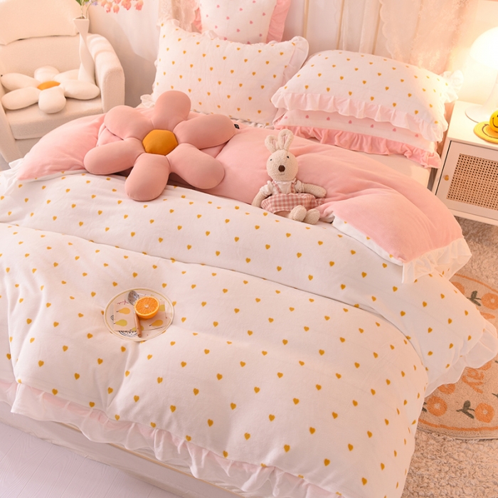 91家纺网 家纺一手货源 找家纺 欧冠家纺 2021新款保暖牛奶绒单被套 黄-爱心