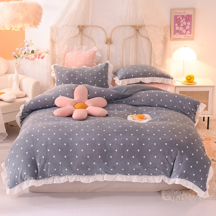 91家纺网 家纺一手货源 找家纺 欧冠家纺 2021新款保暖牛奶绒单被套 灰-波点