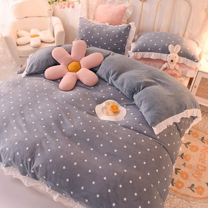 91家纺网 家纺一手货源 找家纺 欧冠家纺 2021新款保暖牛奶绒单被套 灰-波点