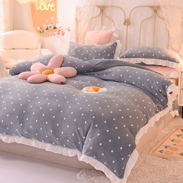 91家纺网 家纺一手货源 找家纺 欧冠家纺 2021新款保暖牛奶绒单被套 灰-波点