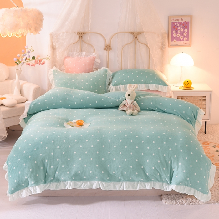 91家纺网 家纺一手货源 找家纺 欧冠家纺 2021新款保暖牛奶绒单被套 绿-波点