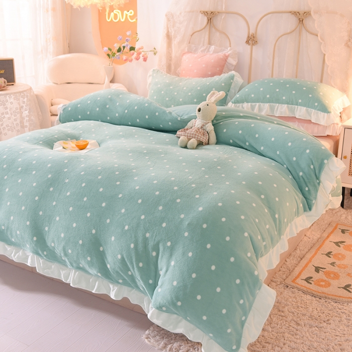 91家纺网 家纺一手货源 找家纺 欧冠家纺 2021新款保暖牛奶绒单被套 绿-波点