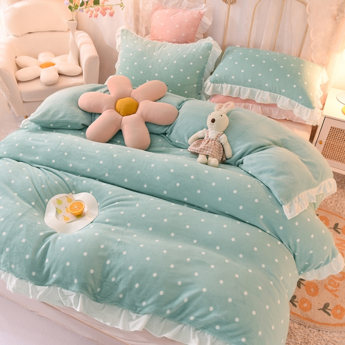 91家纺网 家纺一手货源 找家纺 欧冠家纺 2021新款保暖牛奶绒单被套 绿-波点