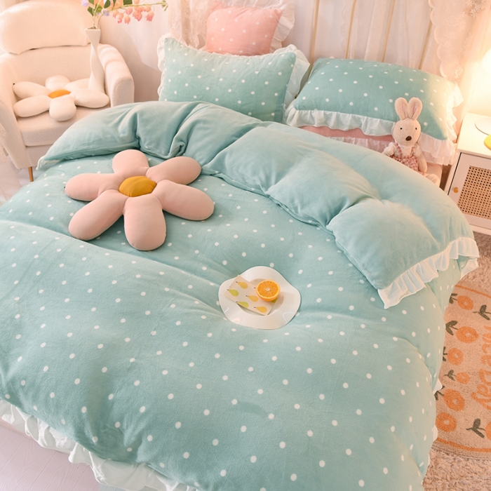 91家纺网 家纺一手货源 找家纺 欧冠家纺 2021新款保暖牛奶绒单被套 绿-波点