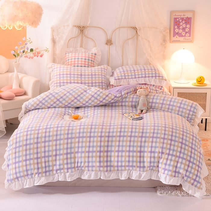 91家纺网 家纺一手货源 找家纺 欧冠家纺 2021新款保暖牛奶绒单被套 紫-格子