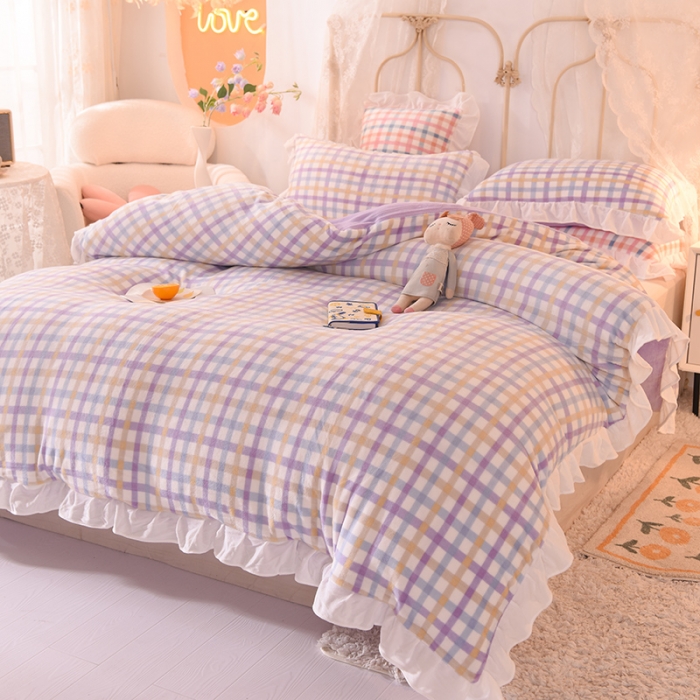 91家纺网 家纺一手货源 找家纺 欧冠家纺 2021新款保暖牛奶绒单被套 紫-格子