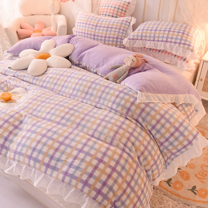 91家纺网 家纺一手货源 找家纺 欧冠家纺 2021新款保暖牛奶绒单被套 紫-格子