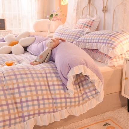 欧冠家纺 2021新款保暖牛奶绒单被套 紫-格子