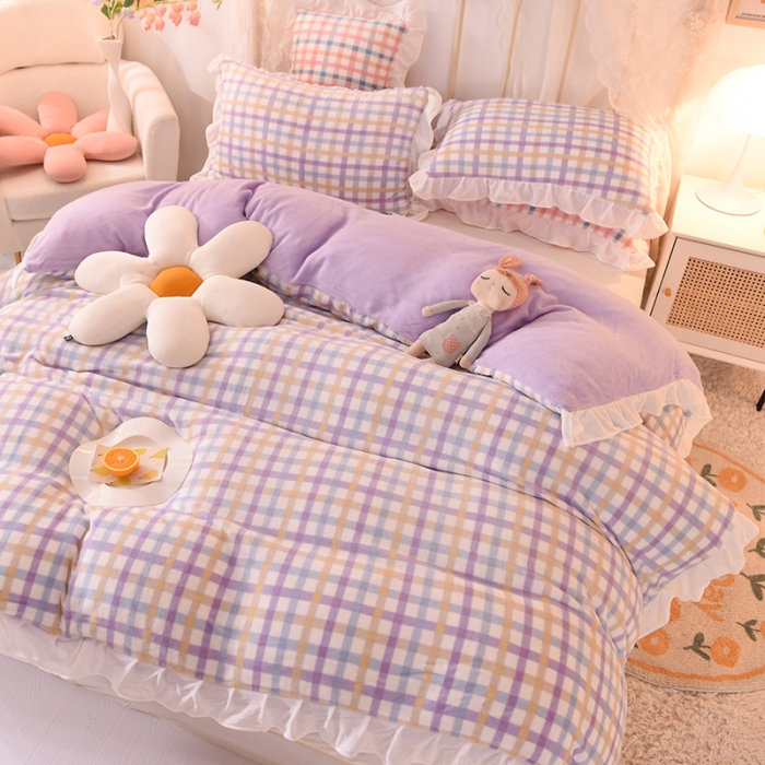 91家纺网 家纺一手货源 找家纺 欧冠家纺 2021新款保暖牛奶绒单被套 紫-格子