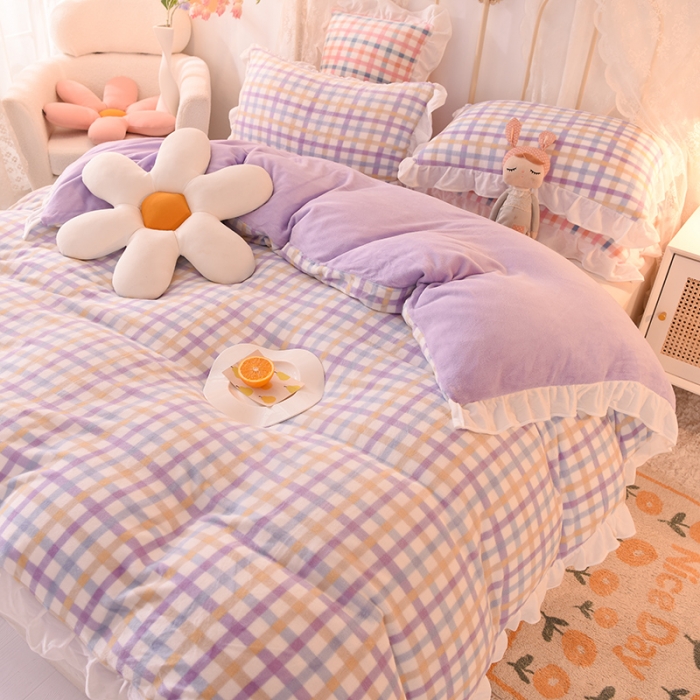 91家纺网 家纺一手货源 找家纺 欧冠家纺 2021新款保暖牛奶绒单被套 紫-格子