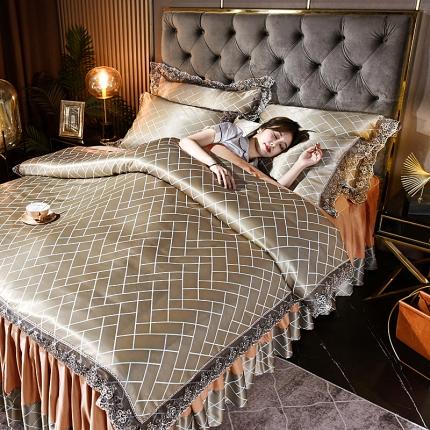 91家纺网 家纺一手货源 找家纺 美织缘家纺2022床裙款莫代尔蕾丝花边贡缎提花四件套巴洛克香槟金