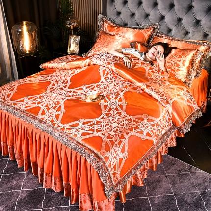 91家纺网 家纺一手货源 找家纺 美织缘家纺床裙款莫代尔蕾丝花边贡缎提花四件套罗曼蒂克-爱马仕橙