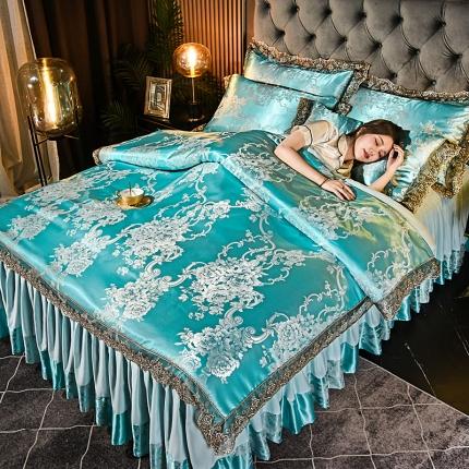 91家纺网 家纺一手货源 找家纺 美织缘家纺床裙款莫代尔蕾丝花边贡缎提花四件套圣托里尼-金兰