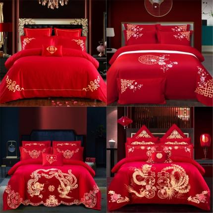 （总）慕她婚庆四件套大红色全棉纯棉刺绣花结婚多件床上用品直播