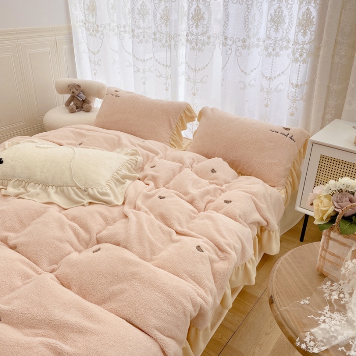 91家纺网 家纺一手货源 找家纺 玛奇朵 2021秋冬新款泰迪绒系列四件套 泰迪-粉色