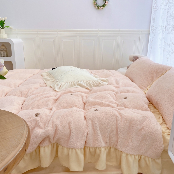 91家纺网 家纺一手货源 找家纺 玛奇朵 2021秋冬新款泰迪绒系列四件套 泰迪-粉色