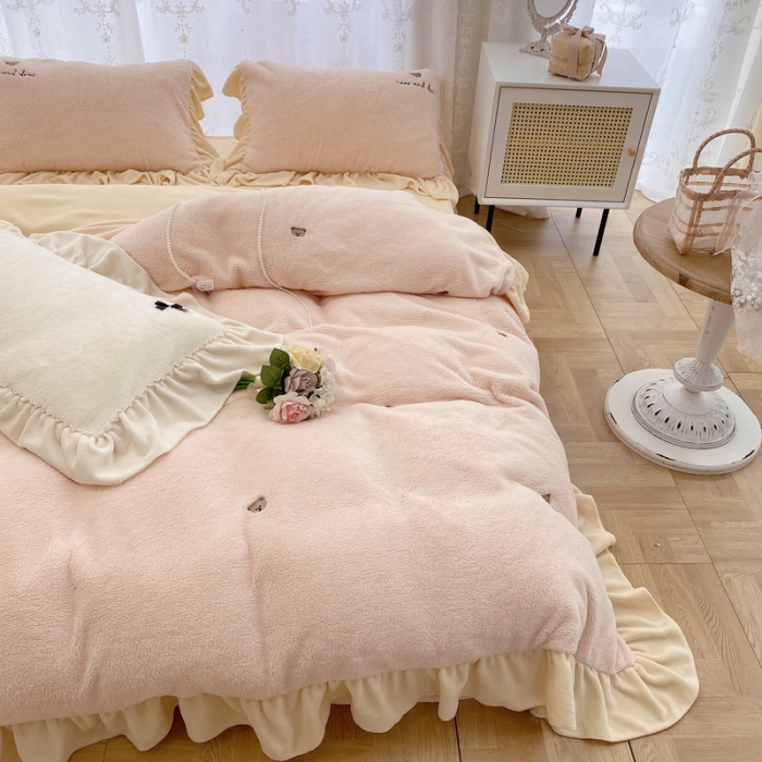 91家纺网 家纺一手货源 找家纺 玛奇朵 2021秋冬新款泰迪绒系列四件套 泰迪-粉色