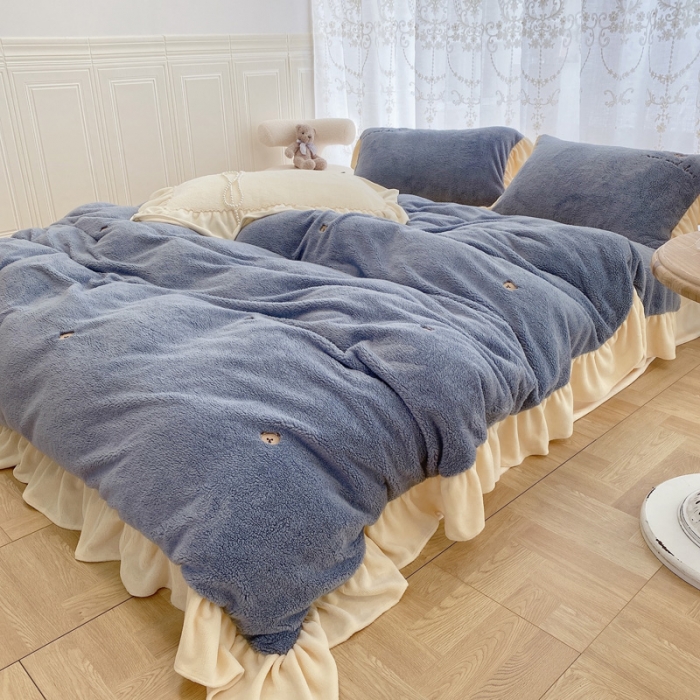 91家纺网 家纺一手货源 找家纺 玛奇朵 2021秋冬新款泰迪绒系列四件套 泰迪-蓝色