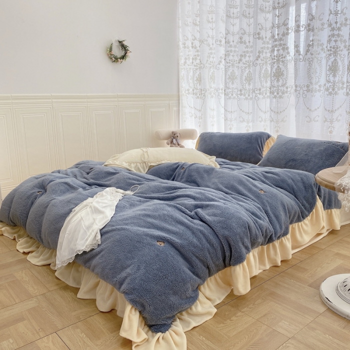 91家纺网 家纺一手货源 找家纺 玛奇朵 2021秋冬新款泰迪绒系列四件套 泰迪-蓝色