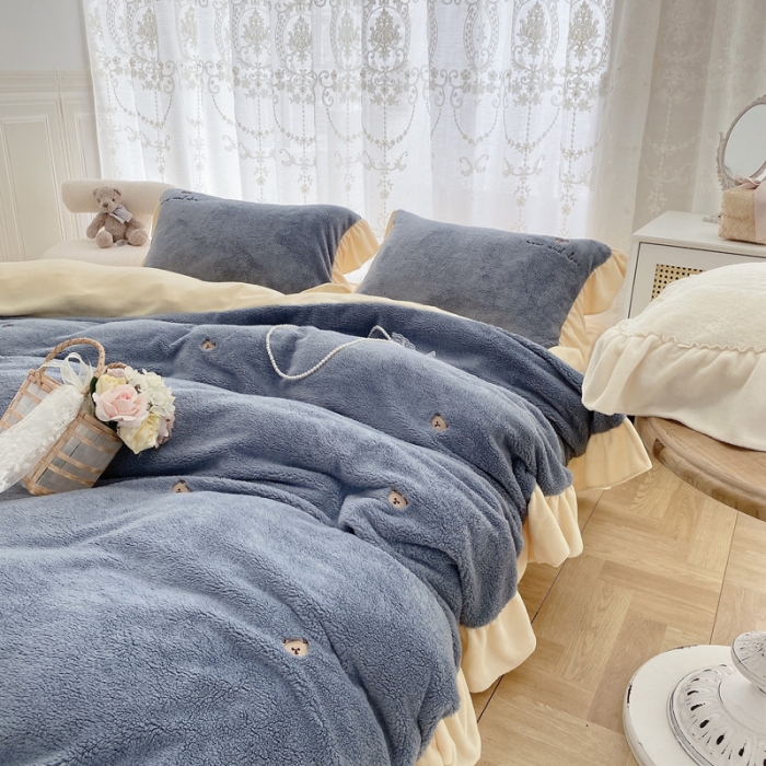 91家纺网 家纺一手货源 找家纺 玛奇朵 2021秋冬新款泰迪绒系列四件套 泰迪-蓝色