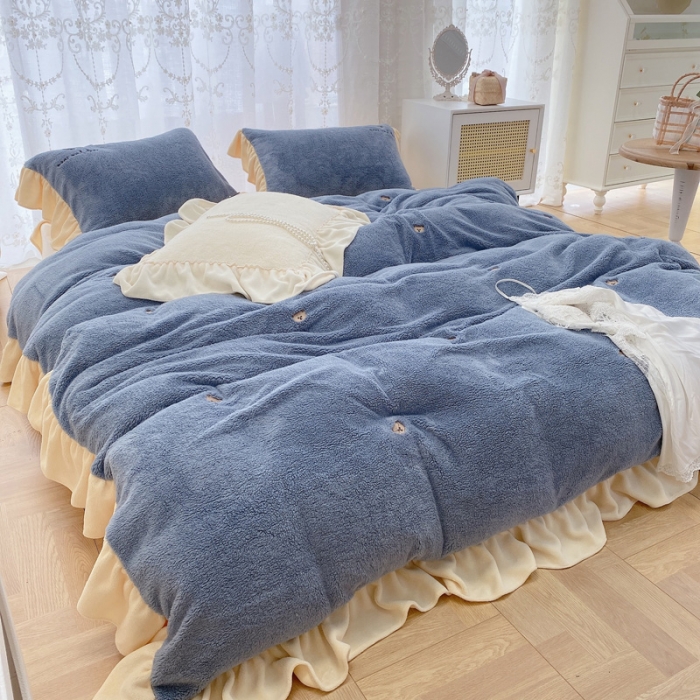 91家纺网 家纺一手货源 找家纺 玛奇朵 2021秋冬新款泰迪绒系列四件套 泰迪-蓝色