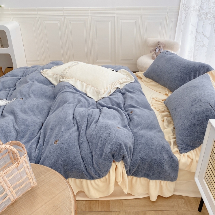 91家纺网 家纺一手货源 找家纺 玛奇朵 2021秋冬新款泰迪绒系列四件套 泰迪-蓝色