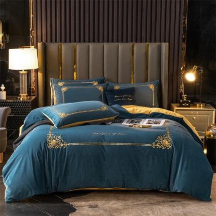 91家纺网 家纺一手货源 找家纺 慕色家纺2021新款欧式婴儿绒刺绣四件套 绒-月光蓝+姜黄