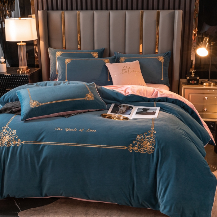 91家纺网 家纺一手货源 找家纺 慕色家纺2021新款欧式婴儿绒刺绣四件套 绒-宾利蓝+奶油粉