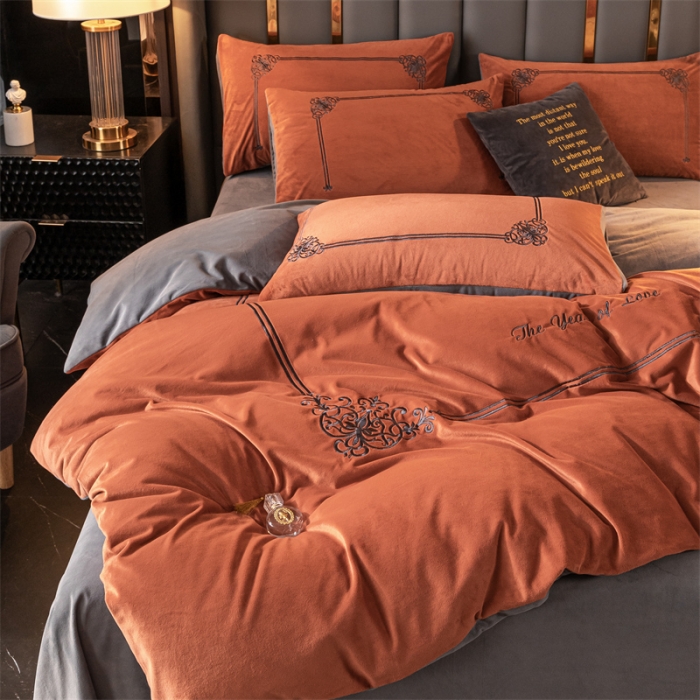 91家纺网 家纺一手货源 找家纺 慕色家纺2021新款欧式婴儿绒刺绣四件套 绒-时尚桔+深灰