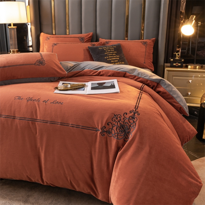 91家纺网 家纺一手货源 找家纺 慕色家纺2021新款欧式婴儿绒刺绣四件套 绒-时尚桔+深灰