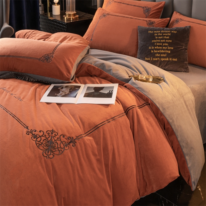 91家纺网 家纺一手货源 找家纺 慕色家纺2021新款欧式婴儿绒刺绣四件套 绒-时尚桔+深灰