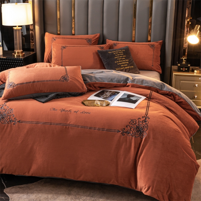 91家纺网 家纺一手货源 找家纺 慕色家纺2021新款欧式婴儿绒刺绣四件套 绒-时尚桔+深灰