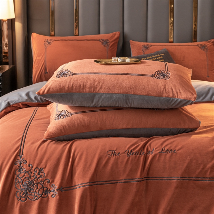 91家纺网 家纺一手货源 找家纺 慕色家纺2021新款欧式婴儿绒刺绣四件套 绒-时尚桔+深灰