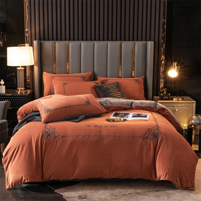 91家纺网 家纺一手货源 找家纺 慕色家纺2021新款欧式婴儿绒刺绣四件套 绒-时尚桔+深灰