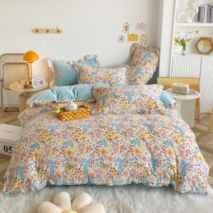 91家纺网 家纺一手货源 找家纺 眠屿家纺 2021新款韩版双层花边高克重牛奶绒四件套 梵音