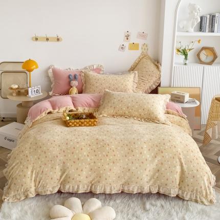 91家纺网 家纺一手货源 找家纺 眠屿家纺 2021新款韩版双层花边高克重牛奶绒四件套 粉黛