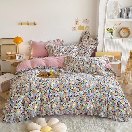 91家纺网 家纺一手货源 找家纺 眠屿家纺 2021新款韩版双层花边高克重牛奶绒四件套 花海